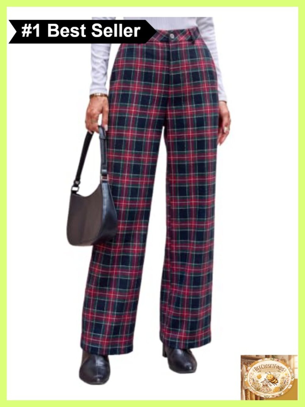 Wide Leg Plaid Trousers 100% Polyester Mid Rise Business Casual Pants